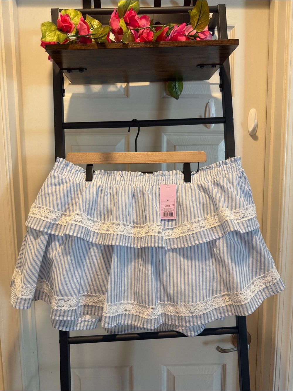 Blue & White Striped Ruffle Mini Skirt with Lace